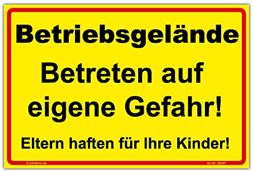 Schild Betriebsgelände, Betreten auf eigene Gefahr! Hinweisschild 300x200 mm gelb,Querformat, stabile Aluminiumverbundplatte 3mm stark