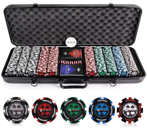 Versa Games Pro Poker Chips - Poker Set 13.5g 500 Piece Casino Clay Poker Chips with Denomination Numbers for Texas Holdem - New Upgraded Poker Chip Case