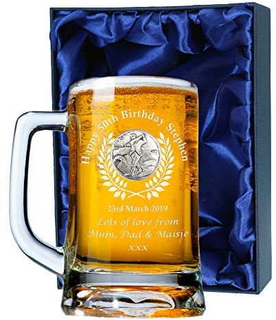 Mens 50th Birthday Gift, Engraved 50th Birthday Pint Glass Tankard with Solid Pewter Golf Player Feature, In a Satin Lined Presentation Box, Men's Birthday Gifts