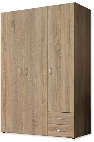 Stella Trading BASE Zeitloser Kleiderschrank in drei verschiedenen Größen - Vielseitiger Drehtürenschrank in Eiche Sonoma Optik - 120 x 177 x 52 cm (B/H/T)