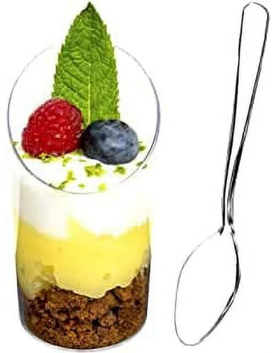 DLux Dessert Cups with Spoons, 75 ml 32 Pcs - Clear Plastic Parfait Appetizer Cups, Slanted Round Reusable Shot Glass Bowl for Party Desserts Appetizers - with Recipe Ebook