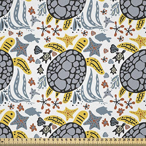 ABAKUHAUS Schildkröte Stoff als Meterware, Hand gezeichnete Ozean-Fauna, Seidiger Satin Stoff Zum benähen von Heimtextilien, 2M (148x200cm), Mehrfarbig