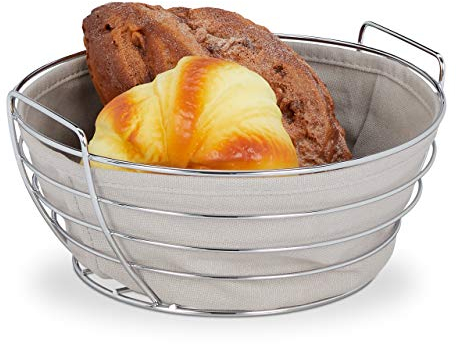 Relaxdays Brotkorb Metall, mit entnehmbarem Stoffeinsatz, rund, Frühstückskorb für Brot & Brötchen, Ø 23 cm, grau
