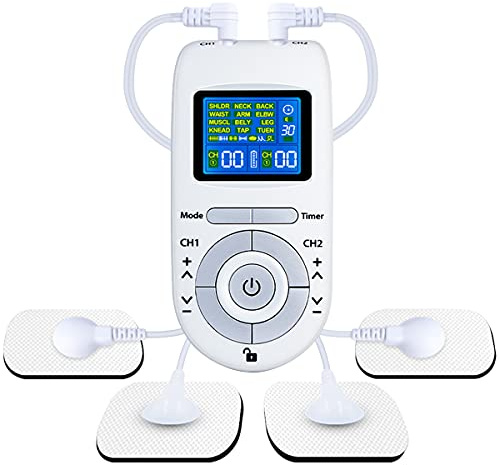 Electroestimulador Muscular, [12 Modos, 40 Intensidad] Tens Electroestimulador con 2 Canales, 4 Electrodos Autoadhesivos, Tens Ems Principio, Tens Fisioterapia para Relajar y Masajear Los Músculos