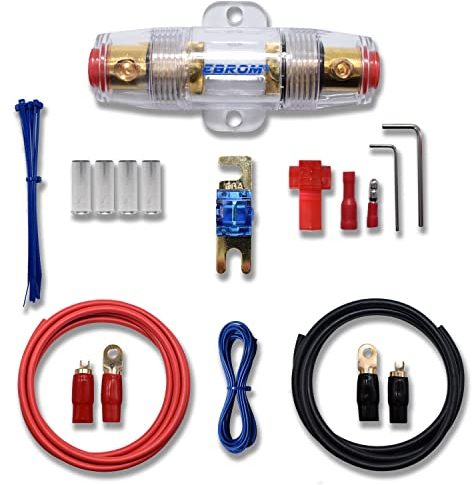 EBROM Batteriekabel Vollkupfer Car Hifi Kabel Set 16 mm2 (AWG 6) 5 m Pluskabel rot + 2 m Massekabel schwarz, AFS Sicherungshalter + 60 A Sicherung + Ringkabelschuhe + Gabelkabelschuhe vergoldet 16mm2