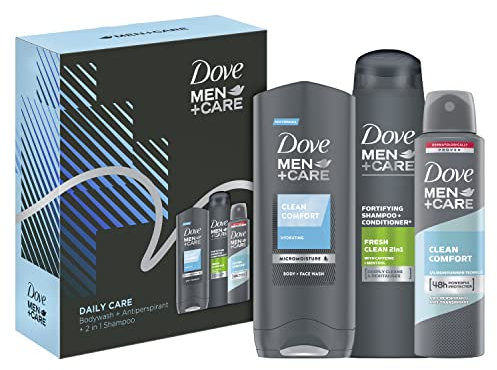 Dove Men+Care Daily Care Trio body wash, 2-in-1 shampoo & conditioner and anti-perspirant in a stylish gift box Gift Set perfect gifts for him 3 piece, White