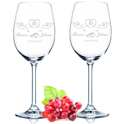 GRAVURZEILE Leonardo Verre à vin avec gravure – Design de mariage de rose – Personnalisé avec nom et date – Cadeau pour 10 ans de roses de mariage, anniversaire de mariage pour mariés – Couleur Daily