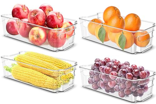 KICHLY Hochwertiger Kühlschrank Organizer set für Schubladen – Set mit 4 Stapelbar Aufbewahrung Kühlschrank für Gemüsefach, küchen schrank, Regalen, Kosmetika, Büromaterial, Werkzeugen – BPA-frei
