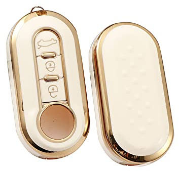 HIBEYO Klappschlüssel Autoschlüssel Hülle passt für FIAT Schlüsselhülle Silikon Schutzhülle für FIAT 500 Panda Grande Punto Bravo Scudo Schlüsselbox Cover Case Fernbedienung 3-Tasten-Gold Weiß