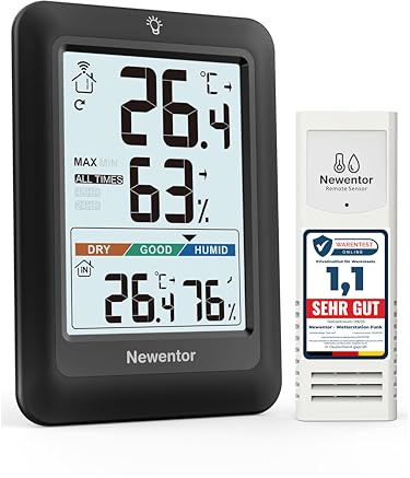 Newentor Termometro Max Min Interno Esterno 24/48 Ore/Sempre - Igrometro Misuratore di Umidità con Comfort dell'Aria - Stazione Meteo Wireless con Sensore Esterno - Termometro per Interni, Nero