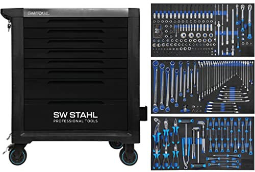 SW-stål Z3209 professionell verkstadsvagn TT802 svart I 8 lådor I 3 lådor fyllda I 304 delar I verkstad rullvagn med verktyg I Twin-Lock I verkstadsvagn kit I fullt utrustad