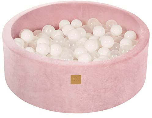 MEOWBABY Bällebad Baby - Rund 90x30cm Ballgruben für Kinder mit 200 Bälle, Samt, Puderrosa: Weiß/Transparent