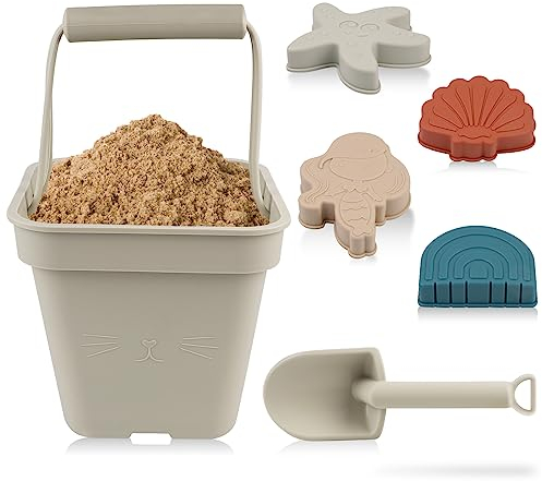SWAWIS 6 Pecices Sand Spielzeug Set, Graugrün Weich Silikon Strand Spielzeug für Kleinkinder Jungen Mädchen, Sand Eimer, Schaufel, Meerjungfrau, Seestern, Muschel, Regenbogen Sandkasten Outdoor-Spiele