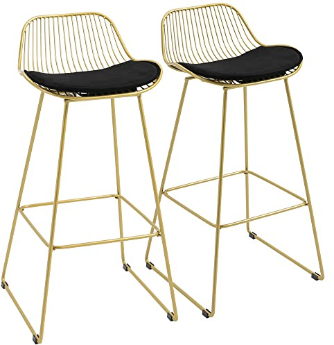 HOMCOM 2er Set hohe Moderne Küchenhocker Barhocker mit Samtkissen Rückenlehne und Fußstütze Belastung 120 kg 46,5x48x93 cm Golden
