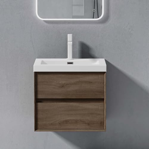 doporro Badmöbel Set Unterschrank in Eiche Stirling 60cm mit Waschbecken | Wandhängendes Badmöbel-Set mit Mineralguss-Waschbecken & Soft-Close – pflegeleicht für moderne Bäder Rimo