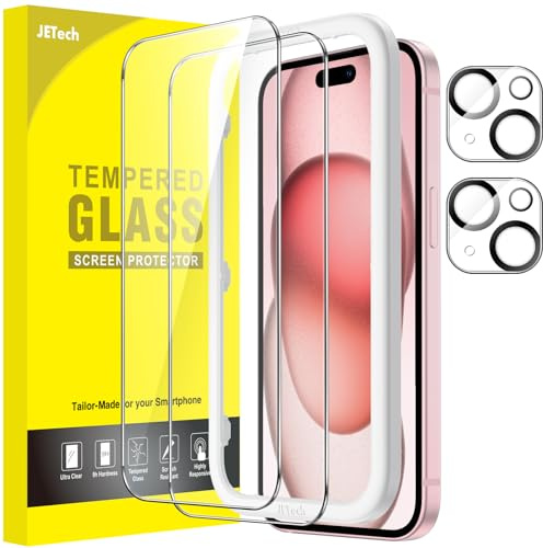 JETech Skärmskydd för iPhone 15 6,1 Tum med Kameralinsskydd, Enkelt Installation Verktyg, Screen Protector Härdat Glas Film, HD Klar, 2-Pack Varje