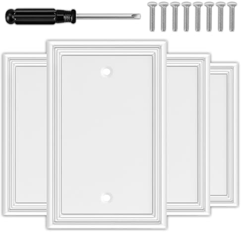 White Decorative Single Blank Light Switch Covers Wall Plate, Natural Material Switch Plates Outlet Covers - Modern Style (1 Gang Blank 4 Pack)