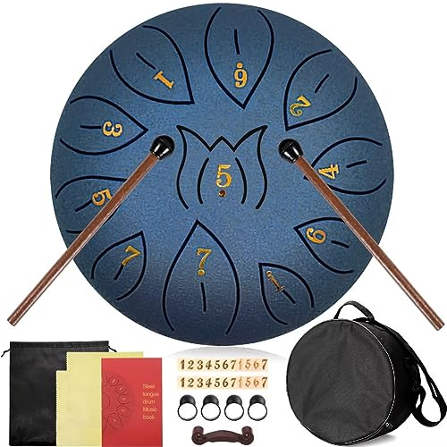 Purpledi Tongue Drum 11 Noten 6 Zoll, Zungentrommel Scheibentrommel, Steel Pan Töne Schlaginstrument Hand Pan Drum Percussion Instrument mit Schlägeln,Fingerpick,Musikbuch und Bag für Meditation Yoga