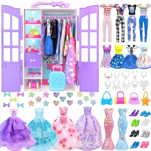 92 Vestiti e Accessori per Bambole con Armadio per Bambole da 11,5 Pollici Kit di design di Moda per Bambola Ragazza Vestire tra cui Abit Top e Pantaloni Scarpe Borse Ragazze Regali Giocattolo