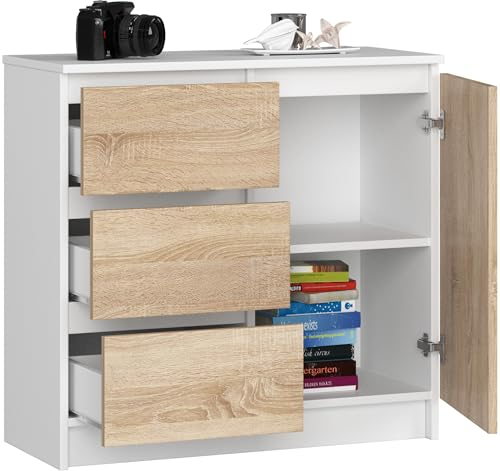 BDW - Kommode mit 3 Schubladen und 1 Tür - 80 cm breit, 77 cm hoch - Schrank, Sideboard, Mehrzweck-, Schuhschrank, Schubladenkommode, Aktenschrank - Wohn-, Schlafzimmer, Flur - Weiss/Eiche Sonoma