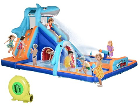 Outsunny Kids Bouncy Castle Inflatable Water Park 6 in 1 for Children Shark-Themed with Slide, Pool, Climbing Wall, Water Cannon for 3-8 Years