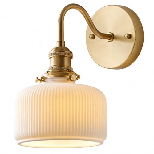 NICRX Weiße Keramik-Wandleuchte E27 Vintage Gold Wandlampe (A) | Gerippter lichtdurchlässiger Schirm, Kupferlegierung, fest verdrahtet für Schlafzimmer, Flur und Wohnzimmer