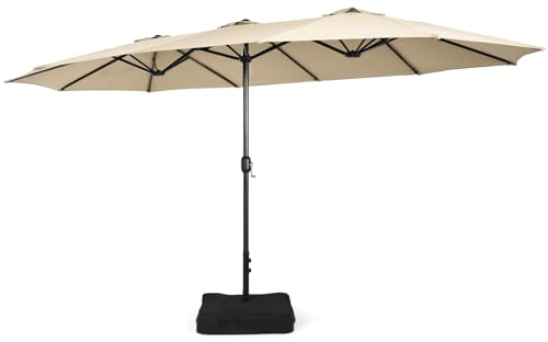 COSTWAY Ombrellone Doppio da Giardino 451,5 x 264 cm, Ombrellone Rettangolare con Sistema a Manovella, Obrellone da Giardino con Base e 12 Costole, per Giardino, Cortile (Beige)