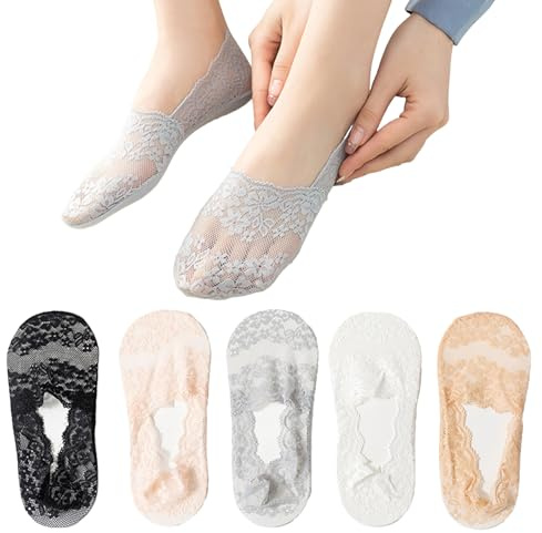 GIEEU Damen Füßlinge Unsichtbare 5 Paar, Spitzen Socken Damen Mit Rutschfest Silikon,Atmungsaktiv Ballerina Socken