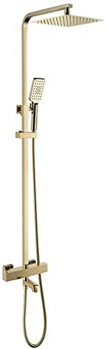 JDSHFEN Duschsystem, Thermostatisches Gold-Luxus-Duscharmatur-Set, Messing-Umstellmischer, Wasserfall-Regendusche mit 10-Zoll-Regenduschkopf und Handbrause, wandmontiertes Duschset