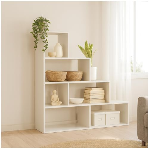 HTI living Stufenregal in Weiß Raumteiler Bücherregal 114 x 114 x 30 cm vielseitig einsetzba Stufenregal Bücherregal
