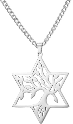 kkjoy Livets träd med hexagram halsband rostfritt stål Davidsstjärna hänge korskedja halsband naturinspirerade andliga smycken för kvinnor män, Rostfritt stål, Ingen ädelsten