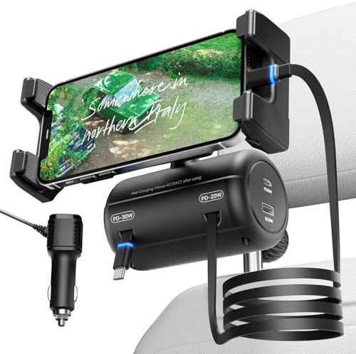 OHLPRO Einziehbares Auto Ladegerät Rücksitz, 6 in 1 Kopfstütze KFZ Ladegerät USB C Schnellladegerät Autoladegerät Adapter, 2 Ladekabel Car Charger Kompatibel mit 16/15/14/13/12/Pro Max, Samsung