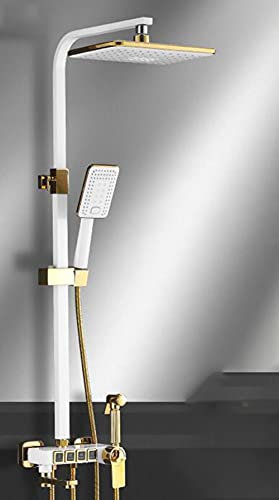 OGLFGLNY Thermostatisches Duschsystem, Duschset, Duscharmatur-Set, Wandmontage, freiliegende Duschsäule mit Kopfbrause und Verstellbarer Handbrause, mit Druckspritzpistole (Weiß + Gold)