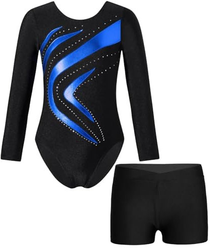 YGLEEULI Turnanzug Mädchen Gymnastikanzug Body Langarm Dancewear Sets Ballett Outfit for Mädchen Eiskunstlauf Overall(Blue,8Y)