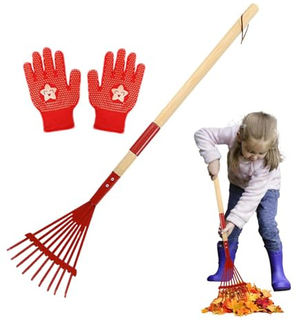 Kinderrechen für Blätter, kleiner Holzgriff, Blätterrechen mit Metallzinken, Kindergarten Rasenrechen mit Handschuhen, Kinder-Rasenrechen mit abnehmbarem Holzgriff für Outdoor-Erkundung, Gartenarbeit