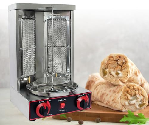 KLYDBMYT Máquina para shawarma | Máquina para Asar Kebab con asador Giratorio | Máquina para shawarma Vertical a Gas propano con 2 quemadores, Color Plateado, 220 V