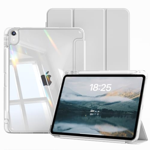 ZKTUYU Hülle für iPad Air 11 Zoll M4/M3/M2, iPad Air 5./4. Generation 10,9 | Stoßfeste Schutzhülle mit Stifthalter, Transparente Hart PC Rückseite, Auto Schlafen/Wachen, Hellgrau