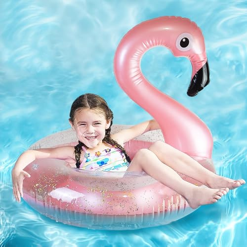ACTOYS Flamingo Aufblasbar, Schwimmring Kinder Schwimmring, Schwimmreifen, Schwimmreifen Glitzer Kinder, Wasserspielzeug für Pool und Strand Party 90cm