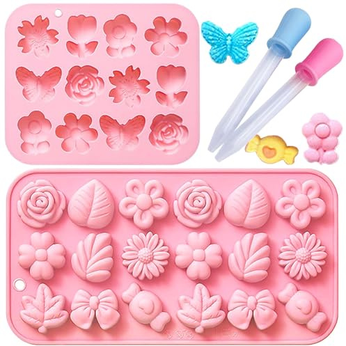 Srvauyea 2 Silikon-Backformen mit Blumenverzierung, mit 2 Pipetten Schokoladenform Pralinenform,Pralinenform Silikon, Silikonform Schmetterling,für Blumen,Schleifen Vielseitige Silikonbackform