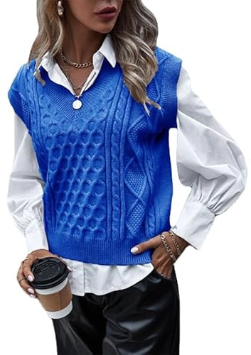 Chaleco Sin Mangas con Cuello En V Y Punto De Cable para Mujer, Suéter Grueso De Cachemira para Otoño E Invierno, Jersey Estilo Vintage, Top Corto Informal, Prenda De Punto para Mujer, Azul Real L