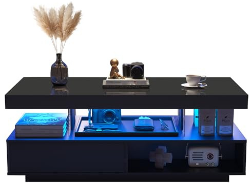 Modern High Gloss Coffee Table with Smart APP LED Lighting, Tempered Glass Accents, Push-to-Open Drawer, Smooth Slide Rail, Hidden Storage Shelves, Multifunction Living Room Center Console (Black)