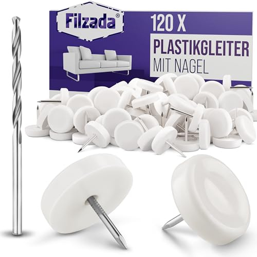 Filzada® 120x Möbelgleiter Kunststoff D20mm Nagel - Kunststoffgleiter Set | Stuhlgleiter Kunststoff für Gartenstühle - Möbelgleiter Außenbereich - Stuhlbeingleiter Terrasse,Teppich,Fliese - hygienisch