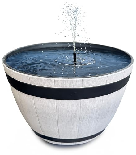 Set di fontane solari per esterni – 51 x 36 cm effetto botte di legno, ciotola decorativa grigio e galleggiante fontana solare – fontana da giardino come balcone abbeveratoio per uccelli