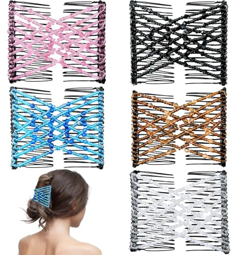 Magischer hårkam, elastisk dubbelkam, hårspännen med elastiska pärlor för kvinnor och flickor, vintage frisyr, multifunktionell håraccessoar (svart, brun, vit,