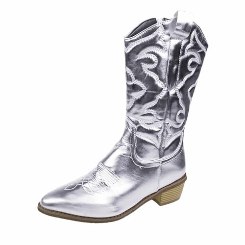 Dasongff Botas Go-Go Para Mujeres De Los Años 70 Botas De Tacón Cuñado Hasta Las Rodillas Puntera Cuadrada Talón Grueso y Ancho Extensibles, plata, 43 EU