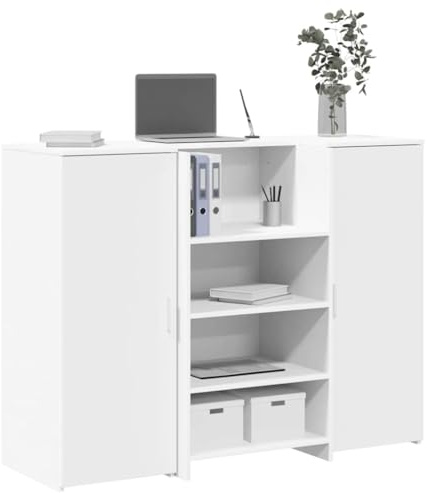 Yunovire Empfangstheke Weiß 135x50x103,5 cm, Holzwerkstoff, Büromöbel mit Stauraum, Schreibtisch für Büro, Rezeption, Konsole, modernes Design