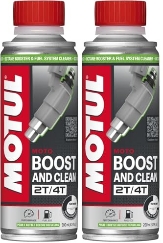 Motul Mejorador del Octanaje y Limpiador del Circuito de Gasolina, Motores 2T y 4T, Rendimiento, Reducción del Consumo, Ideal antes de la Inspección Técnica, Boost and Clean Moto, 200 ml