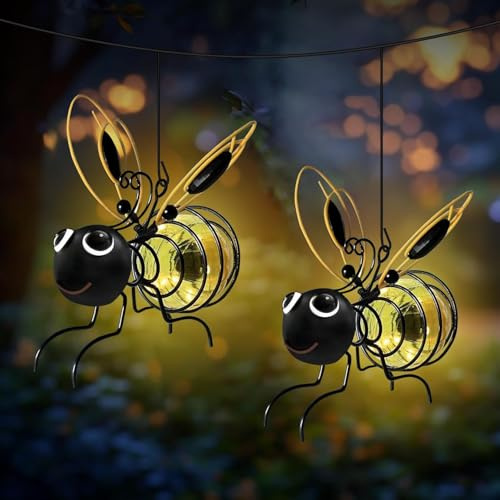 2 Pack Bee Solar Garden Lights Outdoor Waterproof Hanging Light for Garden Patio Yard Pathway