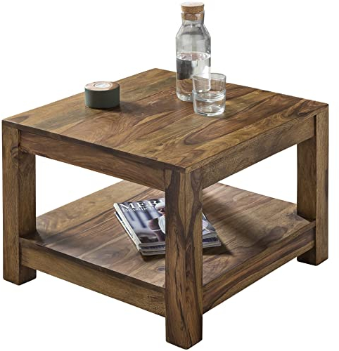 FineBuy Couchtisch Massivholz 60x60 cm · Quadratischer Wohnzimmertisch mit Ablage · Handgefertigter Echtholztisch im natürlichen Design · Stabil & nachhaltig gefertigt Braun