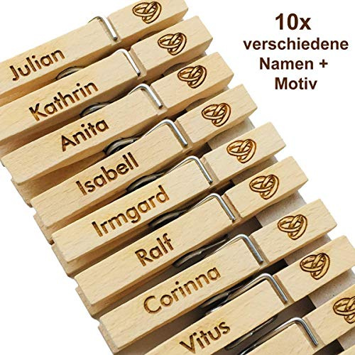 SNEG 10er Set Glubbal mit Gravur – Wäscheklammern aus Holz für Hochzeit – personalisiert mit verschiedenen Namen & gleichem Motiv – Namensschild & Platzkarte – Glupperl aus Buche